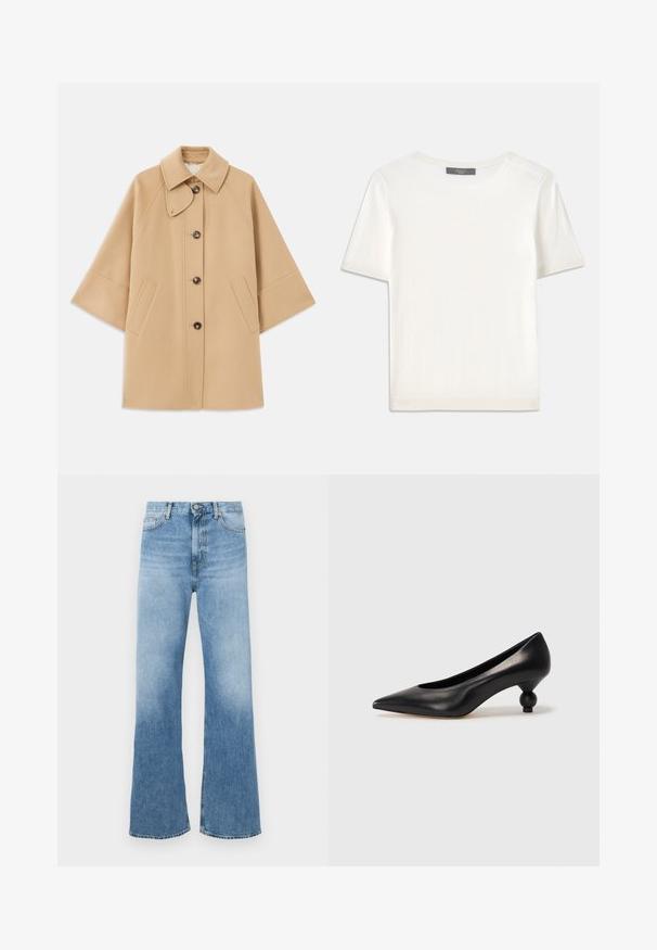 Beige villasekoituksesta valmistettu takki, jossa on klassinen kaulus, etupainikekiinnitys ja sivutaskut; sisältää raglan-hihat ja siistin, jämäkän muotoilun.; Valkoinen lyhythihainen neulepaita, jossa on pyöreä kaula-aukko. Paidan pinnassa on sileä rakenne ja hihansuissa sekä helmassa hienostuneet ribbineulekoristeet.; Vaaleansiniset leveälahkeiset farkut, valmistettu denimistä. Ominaisuuksiin kuuluu korkea vyötärö, viiden taskun muotoilu ja oranssit metalliosat. Sileä pinta.; Musta nahkakengät korkealla korolla, joissa on terävä kärki ja pyöreä, pallomainen korko. Sileä pinta ja tyylikäs, minimalistinen muotoilu.