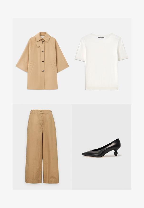 Beige villasekoituksesta valmistettu takki, jossa on klassinen kaulus, etupainikekiinnitys ja sivutaskut; sisältää raglan-hihat ja siistin, jämäkän muotoilun.; Valkoinen lyhythihainen neulepaita, jossa on pyöreä kaula-aukko. Paidan pinnassa on sileä rakenne ja hihansuissa sekä helmassa hienostuneet ribbineulekoristeet.; WEEKEND MaxMara GIUDEA - Housut - beige; Musta nahkakengät korkealla korolla, joissa on terävä kärki ja pyöreä, pallomainen korko. Sileä pinta ja tyylikäs, minimalistinen muotoilu.