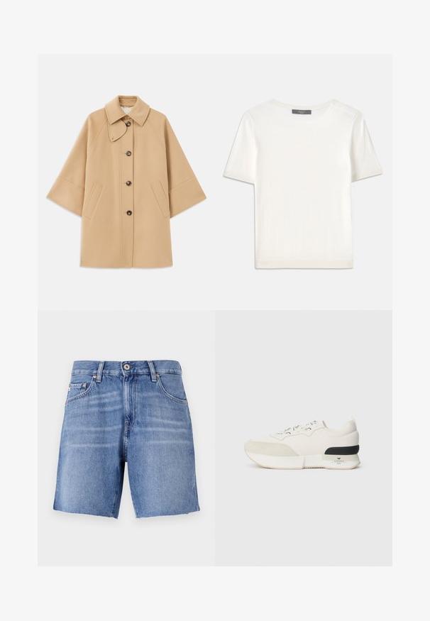 Abrigo de mezcla de lana color beige con un cuello clásico, cierre delantero de botones y bolsillos laterales; presenta mangas raglán y un diseño limpio y estructurado.; Top de punto corto de manga blanca con cuello redondo, que presenta una textura suave y sutiles detalles acanalados en las mangas y el dobladillo.; Shorts de mezclilla de color azul claro con corte recto, dobladillo deshilachado, cinco bolsillos y cierre de botón metálico. La tela tiene una textura suave con ligero desvanecimiento.; Zapatilla blanca con una puntera de ante texturizado, parte superior de malla suave, cordones decorativos y un acento en el talón de goma negra.