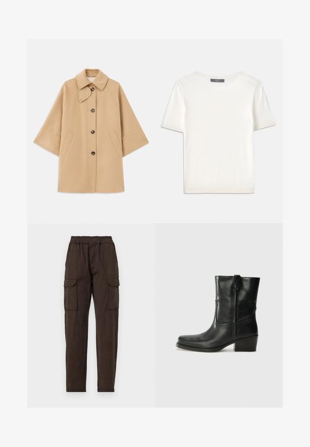 Šviesiai rudas vilnos mišinys paltas su klasikiniu apykakle, priekyje mygtukais užsegamas, ir šoninėmis kišenėmis; turi raglan tipo rankoves ir švarų, struktūrizuotą dizainą.; Baltas trumpas rankovėmis megztinis su apvaliu kaklu, pasižymintis lygia tekstūra ir subtiliais raštuotais akcentais rankovėse bei apykaulyje.; Rudos cargo kelnės su elastinga juostele, dviem didelėm priekinių kišenėm ir siaurėjančiu kojų dizainu. Pagamintos iš lengvos medžiagos su matinio paviršiaus tekstūra.; Juodi odiniai aulinukai iki kulkšnies su apvali nosimi, blokuotais kulnais, šonine užtrauktuku ir siuvimo akcentais ant viršutinės dalies. Lygi tekstūra, klasikinis dizainas.