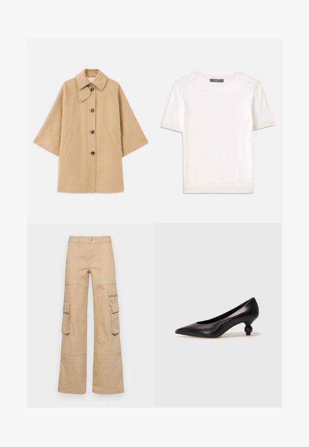 Beige wollen blend jas met een klassieke kraag, sluiting met knopen aan de voorkant en zijzakken; heeft raglanmouwen en een nette, gestructureerde uitstraling.; Witte gebreide top met korte mouwen en een ronde halslijn, met een gladde textuur en subtiele ribgebreide accenten bij de mouwen en de zoom.; MAX&Co. REGIO - Cargobroek - beige; Zwarte leren hoge hak schoen met een spitse neus en een ronde, bolle hak. Gladde textuur met een elegant, minimalistisch ontwerp.