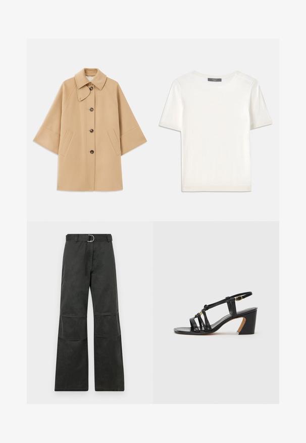 Beige kabát z vlněné směsi s klasickým límcem, zapínáním na knoflíky vpředu a bočními kapsami; má raglánové rukávy a čistý, strukturovaný design.; Bílý pletený top s krátkým rukávem a kulatým výstřihem, s hladkou strukturou a jemnými ribovými akcenty na rukávech a lemu.; Černé kalhoty s širokými nohavicemi a středně vysokým pasem, které mají pásek se stříbrnou kulatou sponou a jsou detailně zdobeny nášivkami na kolenou.; Paul Smith AMIRA - Klasické lodičky - black