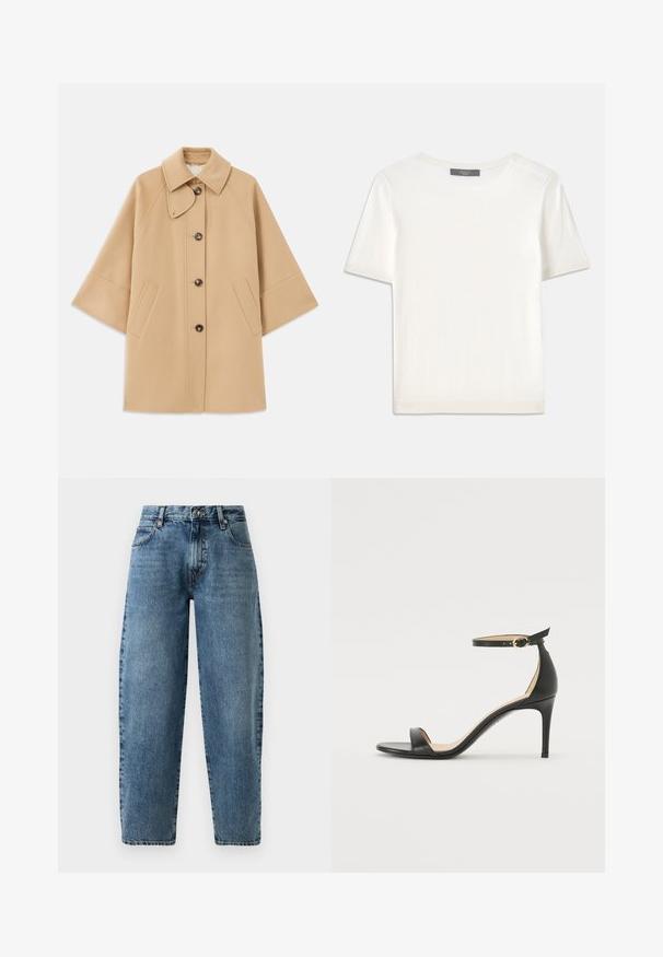 Bežový kabát z vlnenej zmesi s klasickým golierom, predným zapínaním na gombíky a bočnými vreckami; má raglánové rukávy a čistý, štruktúrovaný dizajn.; Biele krátke rukávy pletené tričko s okrúhlym výstrihom, ktoré má jemnú textúru a nenápadné rebrované detaily na rukávoch a leme.; Svetlomodré džíny z denimu s rovnými nohavicami, vysokým pásom a minimalistickým prešívaním. Klasický strih s piatimi vreckami a kovovými doplnkami.; Čierne kožené sandále na vysokom podpätku s popruhom okolo členka. Vlastnosti hladkého povrchu, otvorenej špičky a tenkého podpätku. Detail zlatého spony.