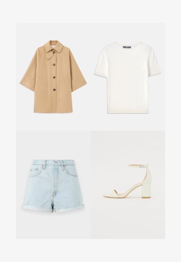 Bežový kabát z vlnenej zmesi s klasickým golierom, predným zapínaním na gombíky a bočnými vreckami; má raglánové rukávy a čistý, štruktúrovaný dizajn.; Biele krátke rukávy pletené tričko s okrúhlym výstrihom, ktoré má jemnú textúru a nenápadné rebrované detaily na rukávoch a leme.; Svetlo modré denimové šortky s vysokým pásom, otočenými manžetami, medenými nitmi a predným zipsom. Obsahujú klasický päť vreckový strih.; Biele kožené sandále na blokovom podpätku s remienkom okolo členku a minimalistickým dizajnom. Otvorená špička a hladké textúry po celom povrchu.