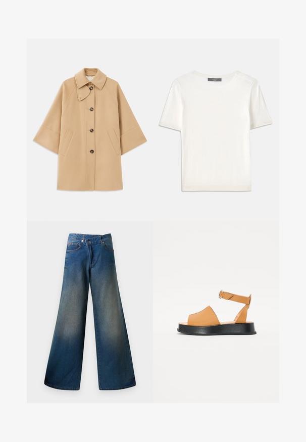 Beige ullblandad kappa med klassisk krage, framknäppning med knappar och sidofickor; har raglanärmar och en ren, strukturerad design.; Vit kortärmad stickad topp med rund halsringning, med en jämn textur och subtila randiga detaljer vid ärmarna och fållen.; Vida jeans i blå denim med vida ben, lätt blekt finish, synliga sömmar, två framfickor och knappstängning.; Brun lädersandal med bred front, öppen tå, justerbar rem och en tjock svart plattformssula. Slät textur och minimalistisk design.