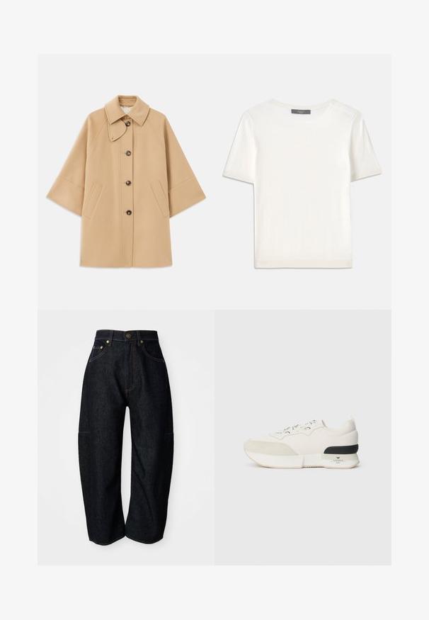 Bežový kabát z vlnenej zmesi s klasickým golierom, predným zapínaním na gombíky a bočnými vreckami; má raglánové rukávy a čistý, štruktúrovaný dizajn.; Biele krátke rukávy pletené tričko s okrúhlym výstrihom, ktoré má jemnú textúru a nenápadné rebrované detaily na rukávoch a leme.; Tmavé denimové džínsy s voľným strihom, s jemnými oranžovými švami, prednými vreckami a plochým pásom s gombíkovým zapínaním.; Biele tenisky so štruktúrovanou semišovou špičkou, hladkým sieťovinovým zvrškom, dekoratívnymi šnúrkami a čiernym gumovým akcentom na päte.