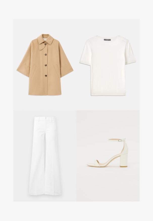 Šviesiai rudas vilnos mišinys paltas su klasikiniu apykakle, priekyje mygtukais užsegamas, ir šoninėmis kišenėmis; turi raglan tipo rankoves ir švarų, struktūrizuotą dizainą.; Baltas trumpas rankovėmis megztinis su apvaliu kaklu, pasižymintis lygia tekstūra ir subtiliais raštuotais akcentais rankovėse bei apykaulyje.; Baltos aukšto liemens pločios kelnės su širdelės formos priekinėmis kišenėmis, mygtuko užsegimu ir diržo kilpomis, eksponuojamos ant vientiso fono.; Baltos odos blokinio kulno sandalai, su kulkšnies dirželiu ir sagtimi, minimalistinio dizaino. Atvira pirštų dalis ir sklandžios tekstūros visoje.