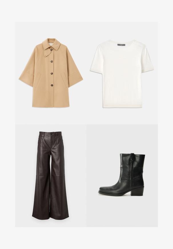Beige uldblandingsfrakke med klassisk krave, frontknaplukning og sidelommer; har raglanærmer og et rent, struktureret design.; Hvid kortærmet strikbluse med rund halsudskæring, der har en glat tekstur og subtile ribbede detaljer ved ærmerne og kanten.; Mørkebrune læder bredde-bukser med høj talje, der har forlommer, lynlås og bæltestropper. Glat tekstur.; Sort læder ankelstøvle med rundt tå, blokhæl, lynlås i siden og stikninger på vampsiden. Glat tekstur, klassisk design.