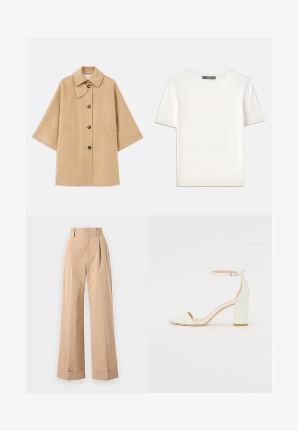 Beige gyapjú mix kabát klasszikus gallérral, elülső gombos záródással és oldalsó zsebekkel; raglán ujjaival és letisztult, strukturált dizájnjával rendelkezik.; Fehér, rövid ujjú kötött felső, kerek nyakkivágással, sima textúrával és diszkrét bordázott részletekkel az ujjain és az alján.; Beige széles szárú nadrág magas derékkal, plissékkel és sima textúrával. Az alsó szegélyek hajtva vannak, ami strukturált részletet ad.; Fehér bőrsarkú szandál bokaankarral és csattal, minimális dizájnnal. Nyitott orrú és sima textúrákkal az egész felületen.