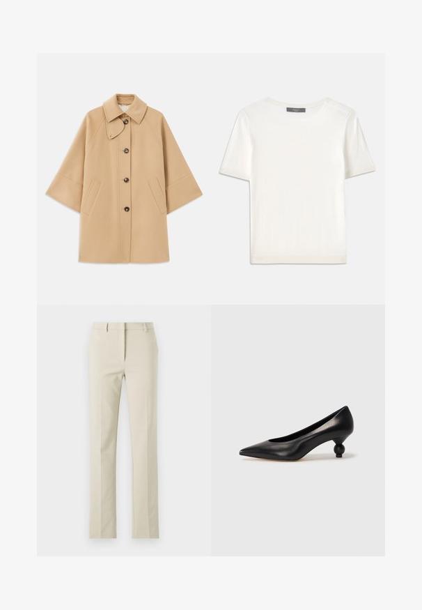 Šviesiai rudas vilnos mišinys paltas su klasikiniu apykakle, priekyje mygtukais užsegamas, ir šoninėmis kišenėmis; turi raglan tipo rankoves ir švarų, struktūrizuotą dizainą.; Baltas trumpas rankovėmis megztinis su apvaliu kaklu, pasižymintis lygia tekstūra ir subtiliais raštuotais akcentais rankovėse bei apykaulyje.; Bežiniai pritaikyti kelnės su lygia priekiu, tiesiomis kojomis, diržo kilpomis ir lygia tekstūra. Minimalistinis dizainas be matomų raštų.; Juoda odinė aukštakulnė bateliai su smailiu pirštu ir apvaliu, iškiliu kulnu. Lygus paviršius su elegantišku, minimalistiniu dizainu.