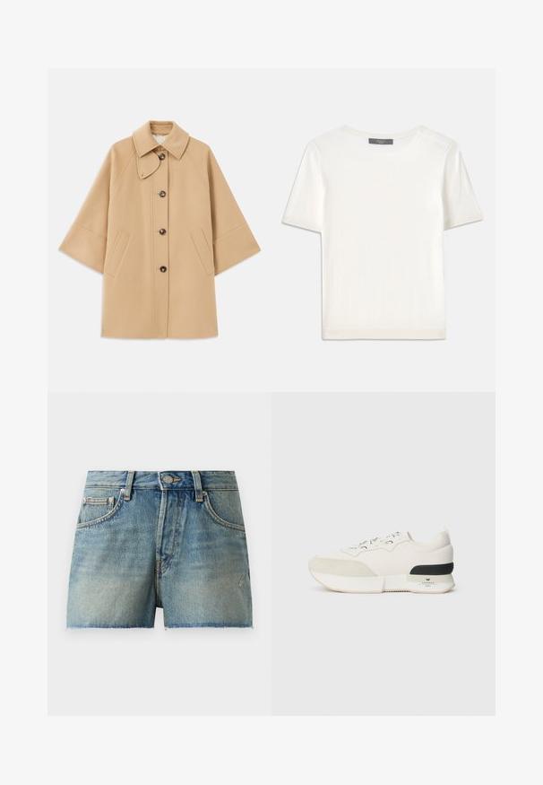 Beež villasegu jakk klassikalise kraega, ees nuppude sulgemise ja küljetaskutega; omab raglan-varrukaid ja puhtalt, struktureeritud disaini.; Valge lühikeste varrukatega soonikutega viimistletud ringkaelusega kampsun, millel on sile tekstuur.; Heledad teksapüksid helesinisena, millel on kõrge vöökoht, narmastega serv ja traditsiooniline viie taskuga stiil metallhardware'iga.; Valged tennisajad, millel on tekstureeritud sametist varbakatteosa, siledast võrgust pealmine osa, dekoratiivsed nöörid ja musta kummist kontsa aksent.