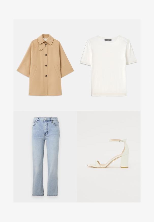 Beige kabát z vlněné směsi s klasickým límcem, zapínáním na knoflíky vpředu a bočními kapsami; má raglánové rukávy a čistý, strukturovaný design.; Bílý pletený top s krátkým rukávem a kulatým výstřihem, s hladkou strukturou a jemnými ribovými akcenty na rukávech a lemu.; Světle modré džíny s rovnou nohavicí, pěti kapsami, zapínáním na knoflík a zip a viditelnými švy.; Bílé kožené sandály na blokovém podpatku s ankle strapem a přezkou, minimalistický design. Otevřená špička a hladké textura po celém povrchu.