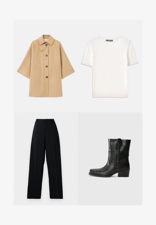 Beige gyapjú mix kabát klasszikus gallérral, elülső gombos záródással és oldalsó zsebekkel; raglán ujjaival és letisztult, strukturált dizájnjával rendelkezik.; Fehér, rövid ujjú kötött felső, kerek nyakkivágással, sima textúrával és diszkrét bordázott részletekkel az ujjain és az alján.; Fekete, magas derekú, bő szárú nadrág gombos és cipzáras záródással, övhurkokkal és tiszta, sima anyagú felülettel.; Fekete bőr bokacsizma lekerekített orral, blokk sarkúval, oldalsó cipzárral és varrásos díszítéssel az elején. Simább textúra, klasszikus dizájn.