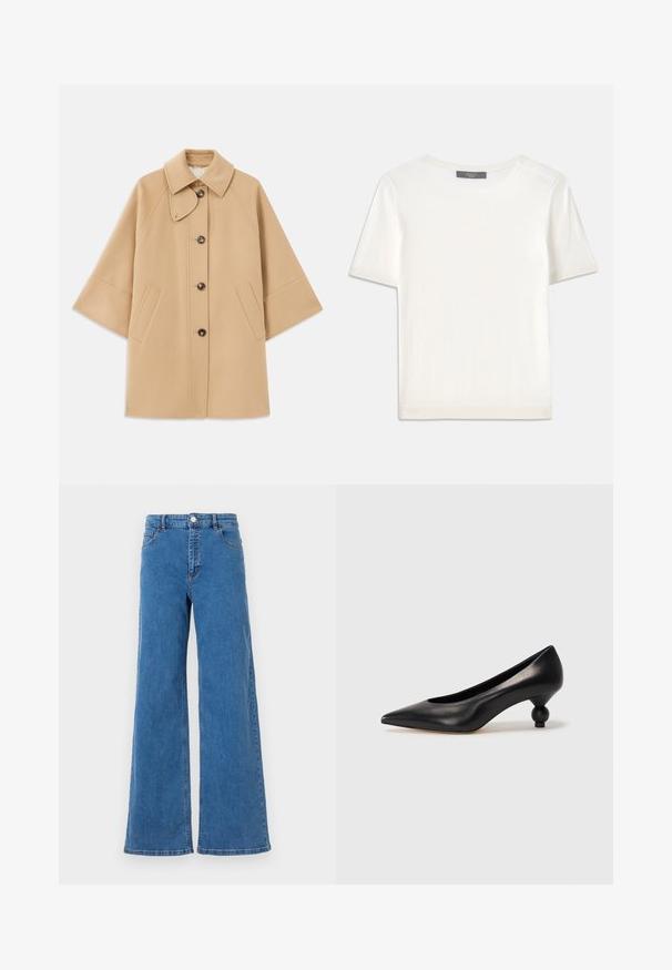 Palton din lână bej, cu un guler clasic, închidere frontală cu nasturi și buzunare laterale; are mâneci raglan și un design curat, structurat.; Top tricotat alb cu mânecă scurtă, cu decolteu rotund, având o textură netedă și accente subtile cu nervuri la mâneci și la margine.; Blugi cu croi larg, din denim albastru, cu talie înaltă, buzunare frontale și închidere cu nasture. Materialul are o textură netedă și un model de cusătură clasic.; Pantofii cu toc înalt din piele neagră, cu vârf ascuțit și toc rotund, mimos. Textură netedă, cu un design elegant și minimalist.