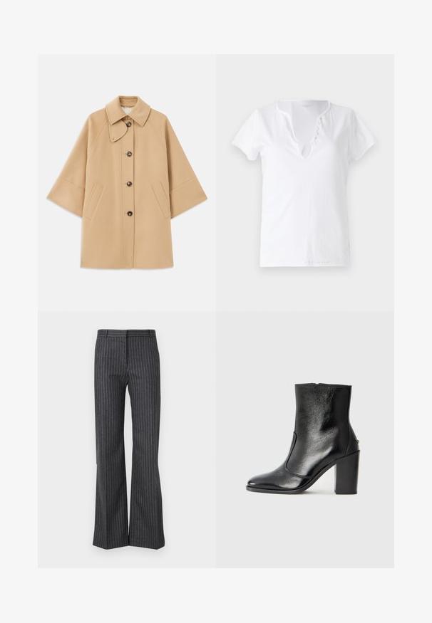 Beige wool blend coat with a classic collar, front button closure, and side pockets; features raglan sleeves and a clean, structured design.; White cotton t-shirt with short sleeves, a relaxed fit, and a V-neckline featuring a placket with five decorative buttons.; Gray flared trousers made from a textured fabric with thin vertical white stripes, featuring a standard waistband and front pockets.; Black leather ankle boot with a smooth texture, pointed toe, and a chunky high heel. Features a side opening and minimalistic design.