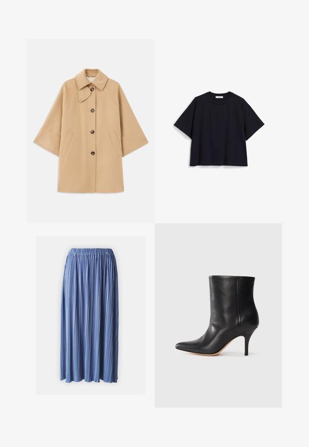 Beige wool blend coat with a classic collar, front button closure, and side pockets; features raglan sleeves and a clean, structured design.; Navy blue short-sleeve t-shirt made of soft cotton, featuring a relaxed fit, round neckline, and minimalistic design. No visible patterns or accents.; Blue pleated skirt with an elastic waistband, made from lightweight fabric, featuring soft texture and flowing design.; Black leather ankle boot with pointed toe, slim stiletto heel, and smooth texture. Minimalist design with no visible hardware or accents.