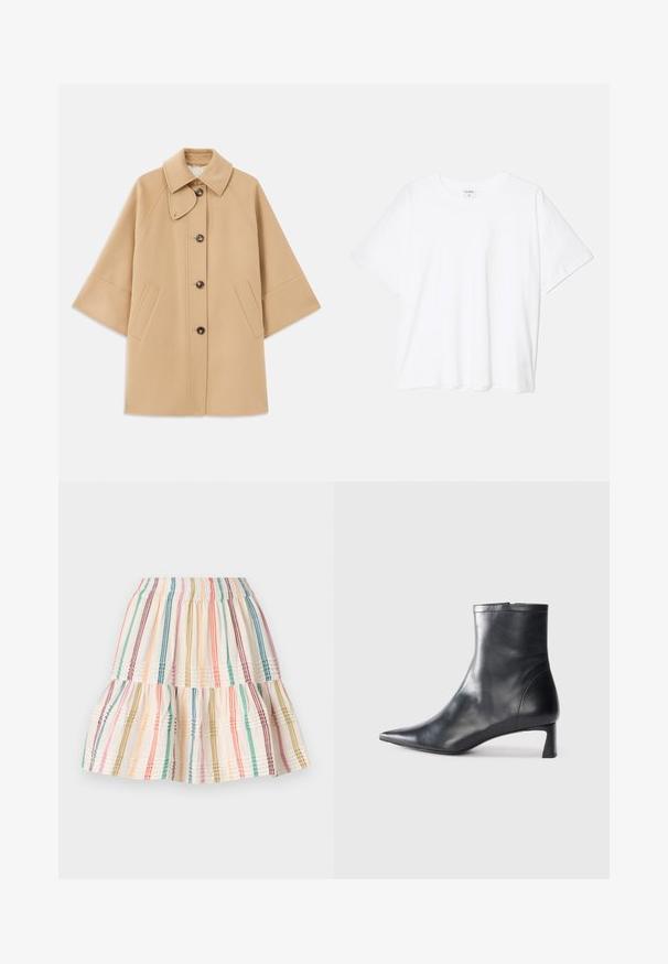 Bežs vilnas maisījuma mētelis ar klasisku apkakli, priekšējo pogu aizdares un sānu kabatām; satur raglanu piedurknes un tīru, strukturētu dizainu.; Balta kokvilnas T-krekls ar īsām piedurknēm, apaļu dekoltē, brīva piegriezuma un šūtu apakšmalu. Etiķete redzama iekšējā kakla daļā.; Slāņota svārku dizains no viegla auduma ar horizontālām svītrām pasteļtoņos. Iekļauj elastīgu jostasvietu un grumbuļotu tekstūru.; Melnas ādas potītes zābaki ar norādītu pirkstu un elegantu dizainu. Iezīmē zemu papēdi un rāvējslēdzēja aizdari aizmugurē. Gluda tekstūra.