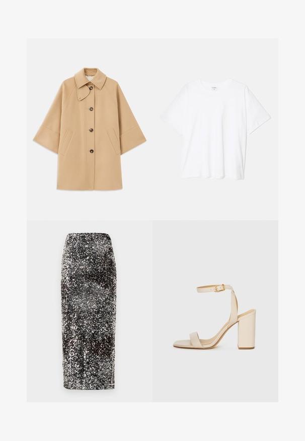 Beige ullblandad kappa med klassisk krage, framknäppning med knappar och sidofickor; har raglanärmar och en ren, strukturerad design.; Vit bomull t-shirt med kort ärm, rund halsringning, avslappnad passform och söm i nederkant. Etikett synlig på insidan av halsen.; Paljettsilverkjol med en slimmad, figurnära design. Har svarta och silverfärgade paljetter som ger en skimrande effekt.; Beige högklackad sandalett med fyrkantig tå, tunn ankelrem och klack. Slät lädertextur med detaljer i guld.
