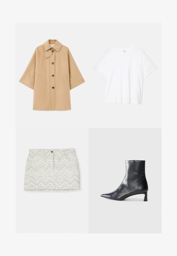 Bežna volnena jopica s klasičnim ovratnikom, sprednjim gumbom za zapiranje in stranskimi žepi; ima raglan rokave in čist, strukturiran dizajn.; Bela bombažna majica s kratkimi rokavi, okroglim izrezom, sproščenim krojem in šivanim robom. Oznaka vidna na notranji strani izreza.; Bela krila z vzorcem v črti v sivi barvi, z gumbom za zapiranje, dvema stranskima žepoma in ravnim krojem. Narejena iz teksturirane tkanine.; Črne usnjene gležnjarje s šiljastim nosom in elegantnim dizajnom. Imajo nizko peto in zadrgo na zadnji strani. Gladka tekstura.