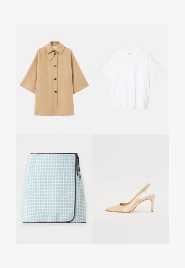 Bežový kabát z vlnenej zmesi s klasickým golierom, predným zapínaním na gombíky a bočnými vreckami; má raglánové rukávy a čistý, štruktúrovaný dizajn.; Biely bavlnený tričko s krátkymi rukávmi, okrúhlym výstrihom, voľným strihom a prešitým lemom. Štítok viditeľný na vnútornom krku.; Sukňa s svetlomodro-bielym kockovaným vzorom, so soft štruktúrou a kontrastným tmavým lemovaním. Zviazanie na boku pre uzatvorenie.; Nude patent leather slingback topánky na vysokom podpätku s špicatou špičkou, otvorenou špičkou a tenkým stiletto podpätkom. Obsahuje kruhový zlatý akcent na popruhu.