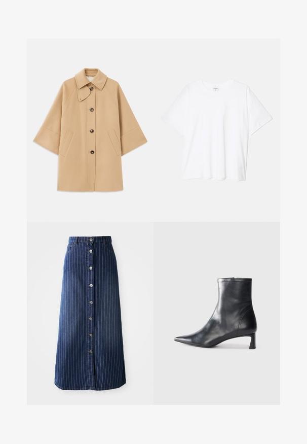 Manteau en mélange de laine beige avec un col classique, fermeture à boutons à l'avant et poches latérales ; présente des manches raglan et un design épuré et structuré.; T-shirt en coton blanc avec des manches courtes, un col rond, une coupe décontractée et un ourlet cousu. Étiquette visible à l'intérieur du col.; Jupe maxi en denim foncé avec des rayures blanches verticales, fermeture à boutons sur le devant et légère évasement à l'ourlet. Comprend cinq boutons et un surpiquage contrasté.; Bottine en cuir noir avec un bout pointu et un design épuré. Présente un petit talon et une fermeture éclair à l'arrière. Texture lisse.