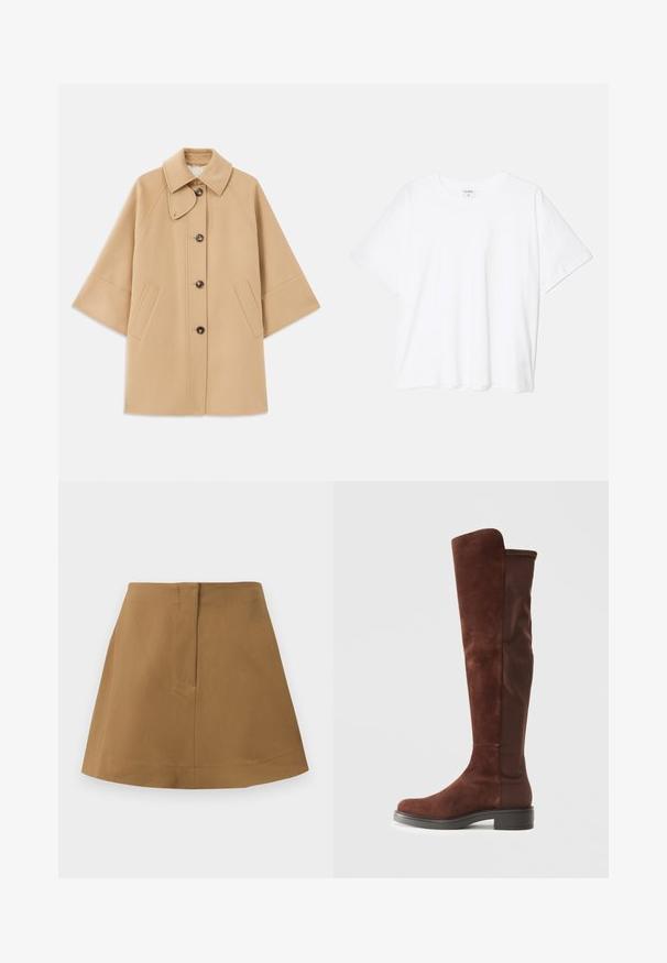 Beige gyapjú mix kabát klasszikus gallérral, elülső gombos záródással és oldalsó zsebekkel; raglán ujjaival és letisztult, strukturált dizájnjával rendelkezik.; Fehér pamut póló rövid ujjal, kerek nyakkivágással, laza fazonnal és varrott szegéllyel. Címke látható a belső nyakrészén.; Barna szoknya, amelynek sziluettje bővülő, sima anyagból készült. Egyszerű derékrésszel és hátsó varrás részlettel rendelkezik.; Magas barna velúr és szövet csizma alacsony fekete sarokkal és kerek orral, oldalnézetben, sima fehér háttér előtt bemutatva.