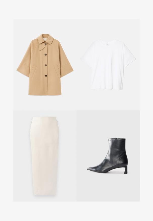 Beige Wollmischungsjacke mit klassischem Kragen, durchgehender Knopfleiste und Seitentaschen; verfügt über Raglanärmel und ein sauberes, strukturiertes Design.; Weißes Baumwoll-T-Shirt mit kurzen Ärmeln, runder Halslinie, lockerer Passform und genähtem Saum. Etikett sichtbar am inneren Kragen.; Cremefarbener Midi-Rock mit taillierter Silhouette, gefertigt aus glattem Stoff, mit einem verdeckten Reißverschluss an der Seite und minimalistischen Nahtdetails.; Schwarze Lederstiefelette mit spitzer Zehe und schlankem Design. Verfügt über einen niedrigen Absatz und einen Reißverschluss hinten. Glatte Textur.