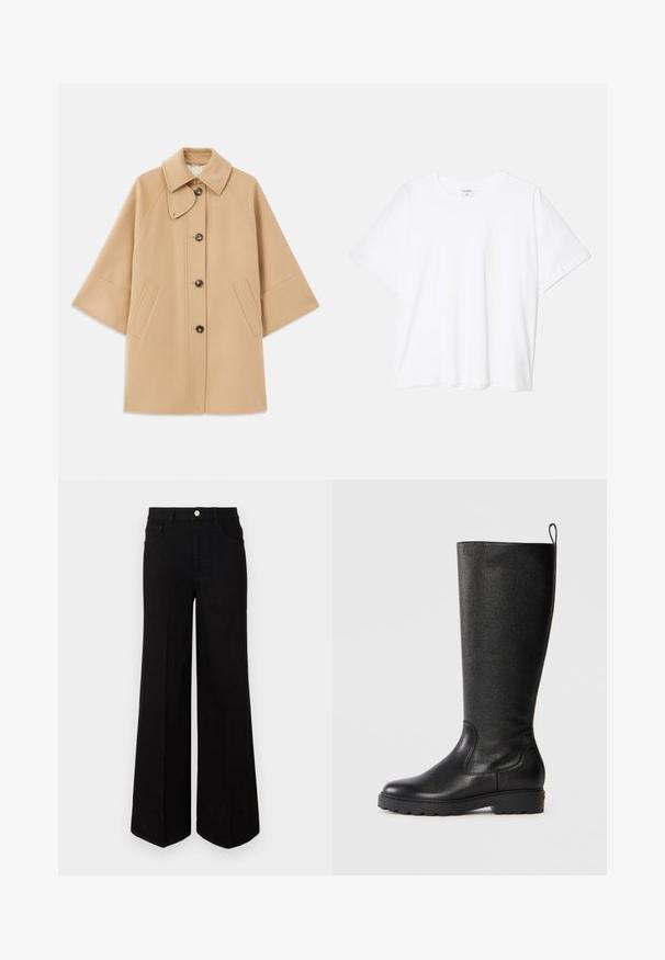 Beež villasegu jakk klassikalise kraega, ees nuppude sulgemise ja küljetaskutega; omab raglan-varrukaid ja puhtalt, struktureeritud disaini.; Valge puuvillane T-särk lühikeste varrukatega, ümmargune kaelus, mugav lõige ja õmmeldud serv. Silt nähtav kaela seest.; Mustad mustad laiad teksad, millel on kõrge vöökoht, ees taskud ja ees nuppude sulgemine. Üksik serv all.; Mustad mustekad kahekohalised saapad tekstuurses nahas, ümarate varvastega, tugeva kummist tallaga, millel on haardevõime, ja ülemises osas tõmbeaas.