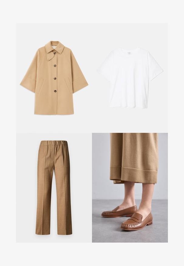 Beige wool blend coat with a classic collar, front button closure, and side pockets; features raglan sleeves and a clean, structured design.; White cotton t-shirt with short sleeves, round neckline, relaxed fit, and stitched hem. Label visible on the inside neck.; Brown, textured trousers with a relaxed fit, featuring a wide leg and an elastic waistband. Tailored design with front pleats.; MICHAEL Michael Kors CARLSON LOAFER - Slip-ons - brown