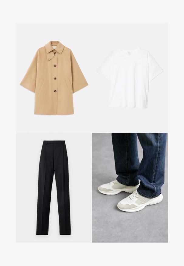 Beige Wollmischungsjacke mit klassischem Kragen, durchgehender Knopfleiste und Seitentaschen; verfügt über Raglanärmel und ein sauberes, strukturiertes Design.; Weißes Baumwoll-T-Shirt mit kurzen Ärmeln, runder Halslinie, lockerer Passform und genähtem Saum. Etikett sichtbar am inneren Kragen.; Schwarze Hosen aus glattem Stoff mit hoher Taille, weitem Bein, vorderen Falten und klassischen Gürtelschlaufen. Keine sichtbaren Seitentaschen.; Sneaker in Hellgrau und sanftem Beigegitter mit Wildlederelementen. Merkmale ein Schnürdesign und eine dicke weiße Gummisohle. Getragen zu blauen Jeans.