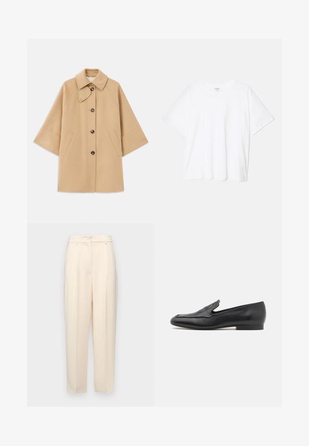 Beige wool blend coat with a classic collar, front button closure, and side pockets; features raglan sleeves and a clean, structured design.; White cotton t-shirt with short sleeves, round neckline, relaxed fit, and stitched hem. Label visible on the inside neck.; Beige tailored trousers with a straight fit, featuring pleats at the front, a smooth texture, and a mid-rise waist. No visible pockets.; Filippa K LOGO SOFT LOAFERS - Slip-ons - black