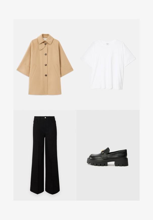Beige Wollmischungsjacke mit klassischem Kragen, durchgehender Knopfleiste und Seitentaschen; verfügt über Raglanärmel und ein sauberes, strukturiertes Design.; Weißes Baumwoll-T-Shirt mit kurzen Ärmeln, runder Halslinie, lockerer Passform und genähtem Saum. Etikett sichtbar am inneren Kragen.; Schwarze weit geschnittene Jeans aus strapazierfähigem Material, mit hoher Taille, Fronttaschen und einem Knopfverschluss vorne. Flacher Saum am Boden.; Schwarze Lederloafers mit einer klobigen Sohle, die an der Vorderseite ein goldfarbenes Akzent und eine glatte Oberfläche aufweisen. Klobiges Profil-Design auf der Sohle.