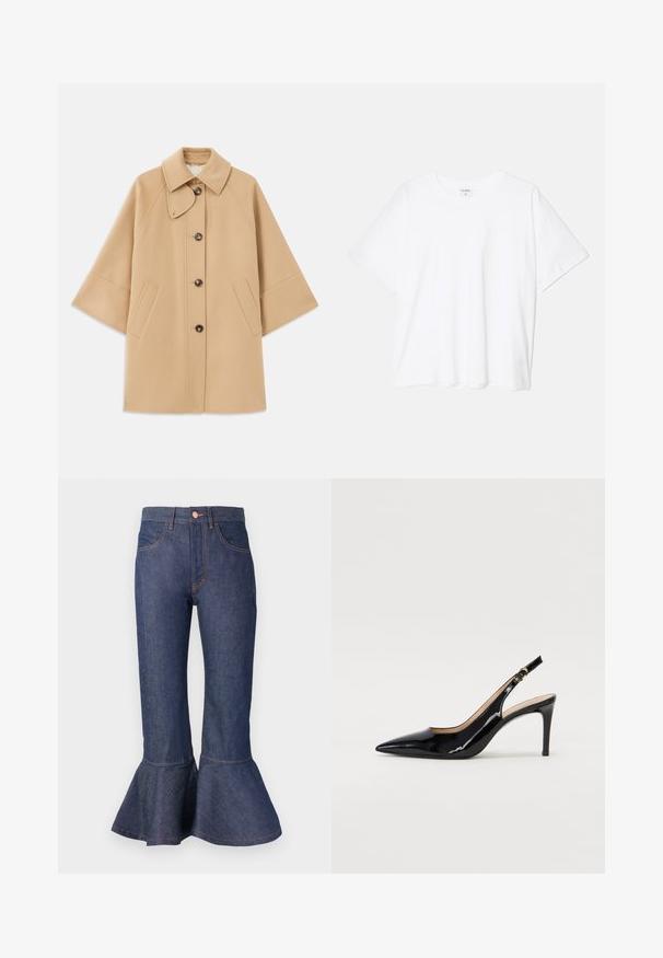 Beež villasegu jakk klassikalise kraega, ees nuppude sulgemise ja küljetaskutega; omab raglan-varrukaid ja puhtalt, struktureeritud disaini.; Valge puuvillane T-särk lühikeste varrukatega, ümmargune kaelus, mugav lõige ja õmmeldud serv. Silt nähtav kaela seest.; Tumed sinise värvuse ja flared lõikega denimpüksid, millel on volangitega serv, viis taskut ja kontrastsete oranžide õmblustega. Keskmise kõrgusega vöökoht ning esine nööbiga kinnitamine.; Must hõbedavärvi patendiga slingback kontsakingad terava varbaga, kitsas konts ja peene lõikega disain. Statistika on kuldne pandla rihmal.