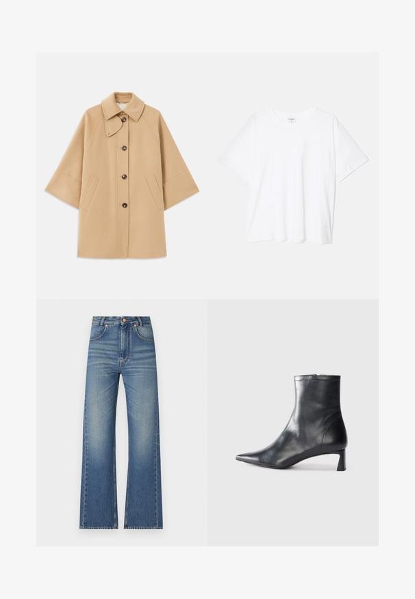 Casaco em mistura de lã bege com colarinho clássico, fecho frontal com botões e bolsos laterais; possui mangas raglan e um design limpo e estruturado.; T-shirt de algodão branco com mangas curtas, decote redondo, corte descontraído e bainha cosida. Etiqueta visível no interior do pescoço.; Calças de ganga em denim azul claro, com uma cintura alta, design de cinco bolsos e um desbotamento discreto para uma aparência texturizada.; Bota de tornozelo em pele preta com biqueira apontada e um design elegante. Apresenta um salto baixo e um fecho com zipper na parte de trás. Textura suave.