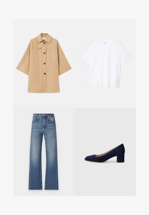 Casaco em mistura de lã bege com colarinho clássico, fecho frontal com botões e bolsos laterais; possui mangas raglan e um design limpo e estruturado.; T-shirt de algodão branco com mangas curtas, decote redondo, corte descontraído e bainha cosida. Etiqueta visível no interior do pescoço.; Calças de ganga em denim azul claro, com uma cintura alta, design de cinco bolsos e um desbotamento discreto para uma aparência texturizada.; Salgados de camurça azul-marinho com bico fino e um salto quadrado de altura média. Textura suave com um ligeiro brilho e um pequeno corte na parte da frente.