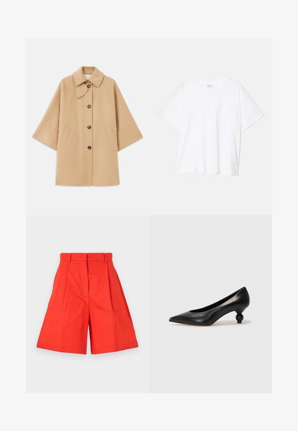Bežový kabát z vlnenej zmesi s klasickým golierom, predným zapínaním na gombíky a bočnými vreckami; má raglánové rukávy a čistý, štruktúrovaný dizajn.; Biely bavlnený tričko s krátkymi rukávmi, okrúhlym výstrihom, voľným strihom a prešitým lemom. Štítok viditeľný na vnútornom krku.; Červené bavlnené šortky s vysokým pásom, s plisovaním a širokým strihom. Hladká textúra a čisté línie. Bez vreciek alebo ozdôb.; Čierna kožená vysoká topánka na podpätku s ostrým špičkou a okrúhlym, guľatým podpätkom. Hladký povrch s moderným, minimalistickým dizajnom.