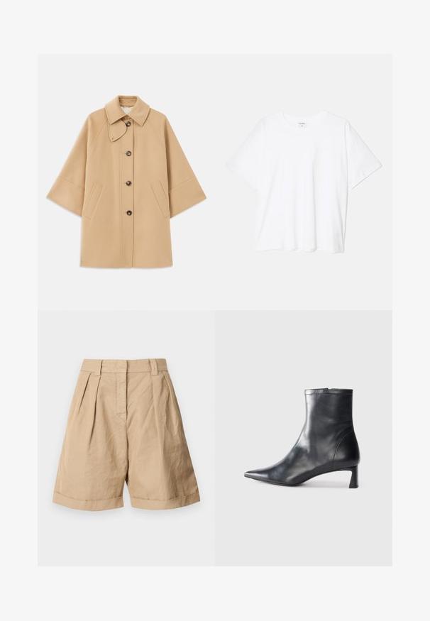 Beige villasekoituksesta valmistettu takki, jossa on klassinen kaulus, etupainikekiinnitys ja sivutaskut; sisältää raglan-hihat ja siistin, jämäkän muotoilun.; Valkoinen puuvillapaita lyhyillä hihoilla, pyöreällä pääntiellä, rentoa tyyliä ja ommeltu helma. Tunniste näkyvissä sisäkauluksessa.; Beige liinashortsit korkean vyötärön, kahden etupleiskan ja käärityn lahkeen kanssa. Sujuva pinta ja muotoiltu design.; Musta nahkainen nilkkabotti, jossa on teräväkärkinen muotoilu ja tyylikäs design. Varusteena matala korko ja takana vetoketjukiinnitys. Sileä pinta.