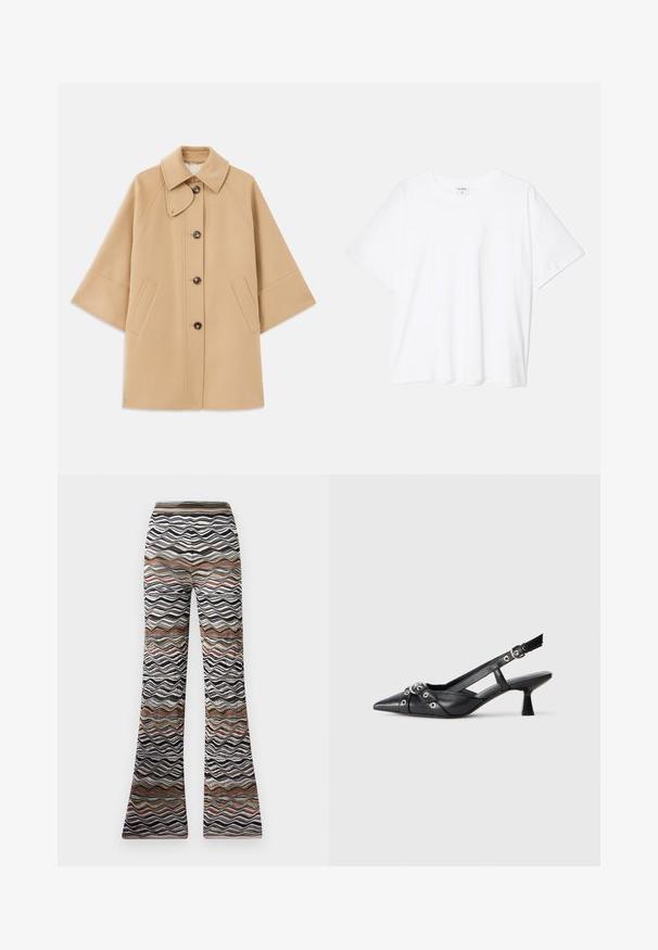 Beige gyapjú mix kabát klasszikus gallérral, elülső gombos záródással és oldalsó zsebekkel; raglán ujjaival és letisztult, strukturált dizájnjával rendelkezik.; Fehér pamut póló rövid ujjal, kerek nyakkivágással, laza fazonnal és varrott szegéllyel. Címke látható a belső nyakrészén.; Lazán bővülő nadrágok hullámos mintával fekete, fehér és barna árnyalatokban. Puha anyag, rugalmas derékpánttal a kényelmes viseletért.; Fekete bőr slingback cipő hegyes orral, dekoratív pántokkal, fém szemekkel és alacsony blokk sarkú. Texturált felület.
