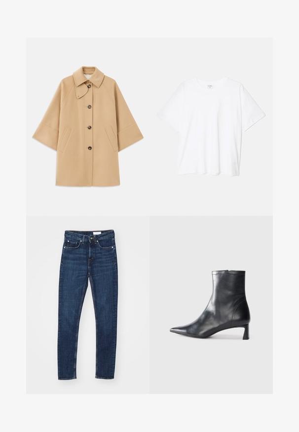 Casaco em mistura de lã bege com colarinho clássico, fecho frontal com botões e bolsos laterais; possui mangas raglan e um design limpo e estruturado.; T-shirt de algodão branco com mangas curtas, decote redondo, corte descontraído e bainha cosida. Etiqueta visível no interior do pescoço.; Jeans de denim azul escuro com um corte slim, apresentando um fecho de botão e zipper, cinco bolsos e detalhes de costura em contraste.; Bota de tornozelo em pele preta com biqueira apontada e um design elegante. Apresenta um salto baixo e um fecho com zipper na parte de trás. Textura suave.