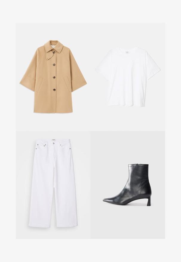 Beżowy płaszcz z wełny z klasycznym kołnierzem, z przodu zapinany na guziki, z kieszeniami po bokach; posiada rękawy raglanowe oraz prosty, uporządkowany fason.; Biała bawełniana koszulka z krótkim rękawem, okrągłym dekoltem, luźnym krojem i przeszytym brzegiem. Metka widoczna wewnątrz dekoltu.; Białe dżinsy z szerokimi nogawkami, wykonane z denimu, z pięcioma kieszeniami, metalowymi detalami oraz wysokim stanem, z czystym wykończeniem u dołu.; Czarne skórzane botki sięgające kostki z ostrym noskiem i eleganckim designem. Posiadają niski obcas oraz zamek błyskawiczny z tyłu. Gładka faktura.