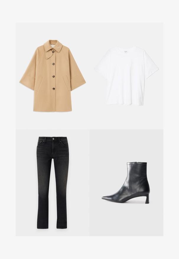 Beež villasegu jakk klassikalise kraega, ees nuppude sulgemise ja küljetaskutega; omab raglan-varrukaid ja puhtalt, struktureeritud disaini.; Valge puuvillane T-särk lühikeste varrukatega, ümmargune kaelus, mugav lõige ja õmmeldud serv. Silt nähtav kaela seest.; rag & bone DRE LOW RISE BOYFRIEND - Liibuvad teksad - cornelia; Mustad mustall nahkasaabas terava nina ja stiilse disainiga. Omab madalat konts ja luku sulgemist taga. Sile tekstuur.