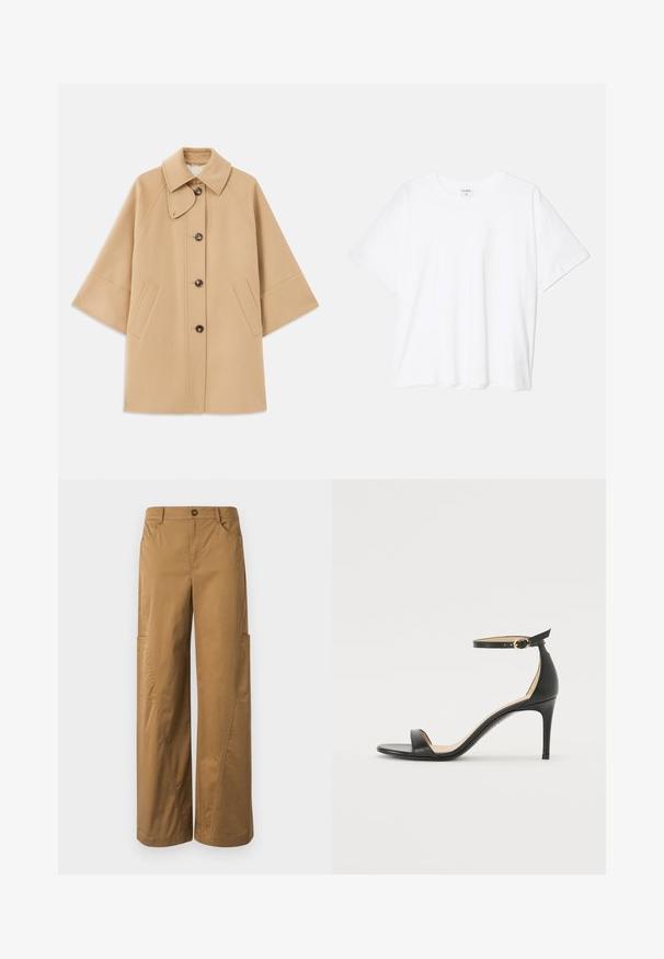 Bežs vilnas maisījuma mētelis ar klasisku apkakli, priekšējo pogu aizdares un sānu kabatām; satur raglanu piedurknes un tīru, strukturētu dizainu.; Balta kokvilnas T-krekls ar īsām piedurknēm, apaļu dekoltē, brīva piegriezuma un šūtu apakšmalu. Etiķete redzama iekšējā kakla daļā.; Brūnas platā kāju bikses, izgatavotas no kokvilnas, ar pogu aizdari, sānu kabatām un pamanāmām šuvēm.; Melnas ādas augstpapēžu sandales ar potītes siksniņu. Iezīmes gluda tekstūra, atvērta purngala un plāna papēža. Zelta krāsas sprādzes detaļa.