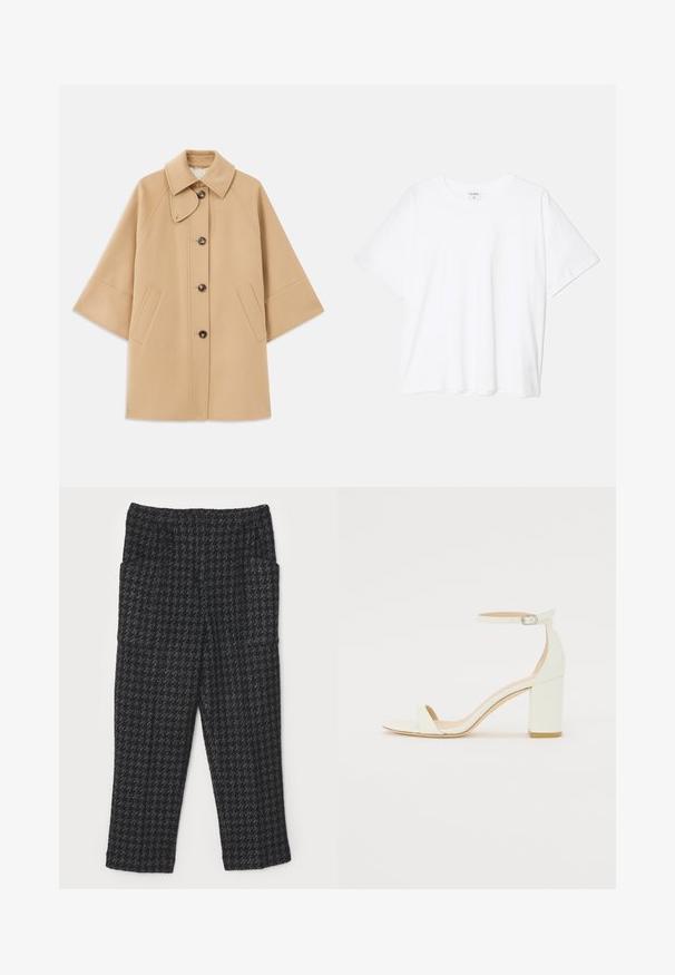 Beež villasegu jakk klassikalise kraega, ees nuppude sulgemise ja küljetaskutega; omab raglan-varrukaid ja puhtalt, struktureeritud disaini.; Valge puuvillane T-särk lühikeste varrukatega, ümmargune kaelus, mugav lõige ja õmmeldud serv. Silt nähtav kaela seest.; Mustad tekstuuriga mustad püksid, millel on houndstooth muster, sirge jala lõige, elastne vöökoht ja kaks küljetaskut.; Valge nahast takjakandiga sandaal, millel on kinnitusrihm ja minimalistlik disain. Avatud varvastes ja sileda pinnaga.
