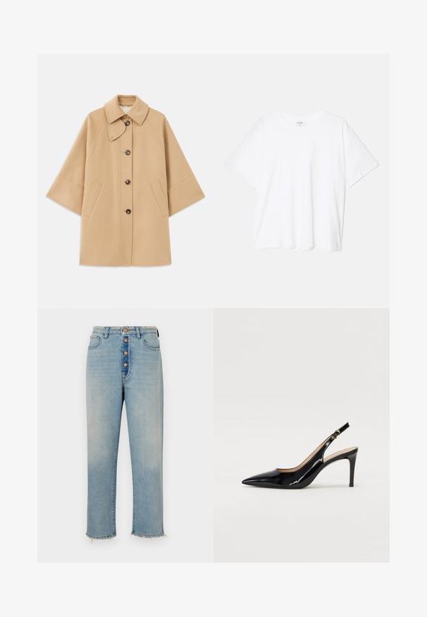 Beige villasekoituksesta valmistettu takki, jossa on klassinen kaulus, etupainikekiinnitys ja sivutaskut; sisältää raglan-hihat ja siistin, jämäkän muotoilun.; Valkoinen puuvillapaita lyhyillä hihoilla, pyöreällä pääntiellä, rentoa tyyliä ja ommeltu helma. Tunniste näkyvissä sisäkauluksessa.; Vaaleansiniset denimi-farkut, joissa on korkea vyötärö, viisi nappia ja revitty helma. Varustettu takataskuilla ja rennolla, suoralinjaisella istuvuudella.; Musta lakattu nahkainen slingback-korkokenkä, jossa on terävä kärki, kapea korko ja hillitty leikkaussuunnittelu. Varressa on kultainen solki.