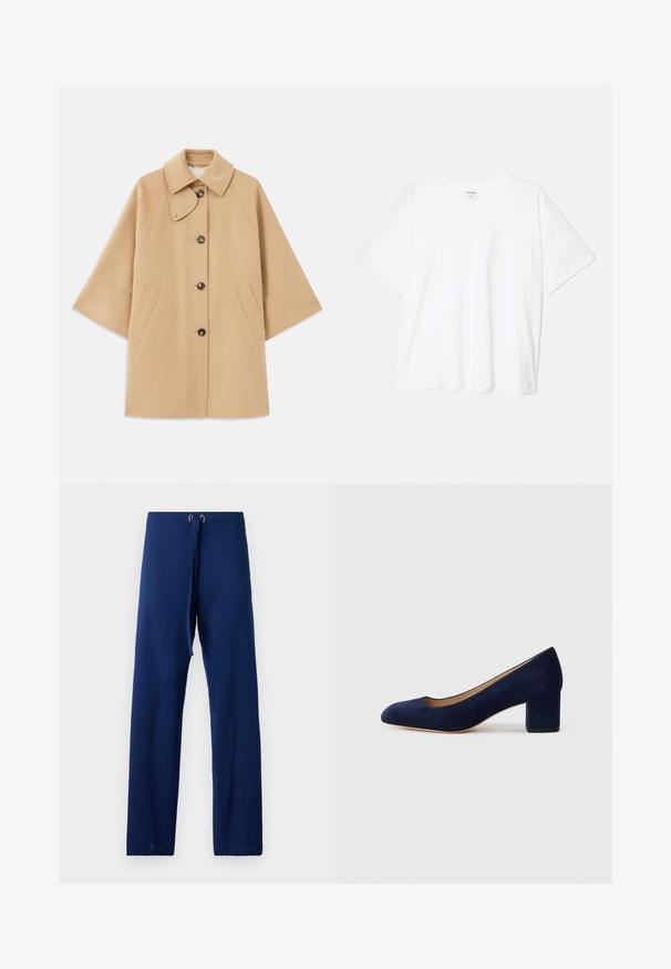 Bež kaput od vune s kombinacijom materijala, klasičnog ovratnika, prednjim zatvorenjem na dugmad i bočnim dzepovima; ima raglan rukave i čist, strukturiran dizajn.; Bijela pamučna majica s kratkim rukavima, okruglim izrezom, opuštenim krojem i šivenim rubom. Etiketa je vidljiva na unutarnjoj strani vrata.; Pantalone tamnoplave boje s opuštenim krojem, izrađeni od glatkog materijala. Imaju pojas sa vezicom i zlatne uške za podešavanje.; Tamno plava suede salonka s šiljastim vrhom i blok petom srednje visine. Glatka tekstura s blagim sjajem i malim izrezom sprijeda.
