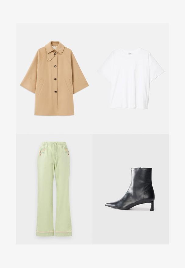 Beige gyapjú mix kabát klasszikus gallérral, elülső gombos záródással és oldalsó zsebekkel; raglán ujjaival és letisztult, strukturált dizájnjával rendelkezik.; Fehér pamut póló rövid ujjal, kerek nyakkivágással, laza fazonnal és varrott szegéllyel. Címke látható a belső nyakrészén.; Világoszöld, laza szabású nadrág, elasztikus derékkal és húzózsinórral. Elől virágos hímzés található, valamint rózsaszín díszítés a szegélyen.; Fekete bőr bokacsizma hegyes orral és letisztult dizájnnal. Alacsony sarka és hátsó cipzáras záródása van. Simának tűnő textúra.