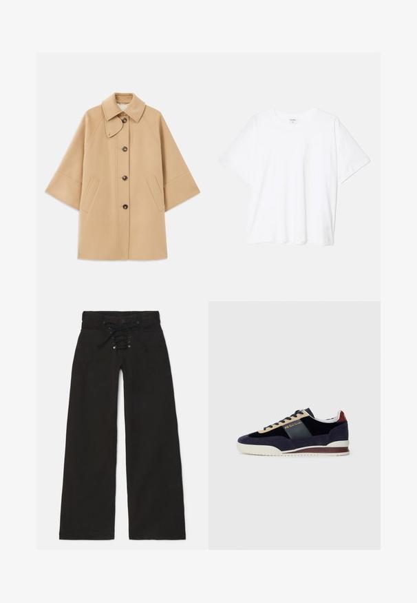 Beige gyapjú mix kabát klasszikus gallérral, elülső gombos záródással és oldalsó zsebekkel; raglán ujjaival és letisztult, strukturált dizájnjával rendelkezik.; Fehér pamut póló rövid ujjal, kerek nyakkivágással, laza fazonnal és varrott szegéllyel. Címke látható a belső nyakrészén.; Fekete, bő szárú nadrág magas derékkal, fűzős elejével és patentos zárással. Denim anyagból készült, sima textúrával.; Tengerészkék nubuk sportcipő bézs és sötétkék akcentusokkal. Fehér gumitalppal és arany logóval az oldalon. Klasszikus sportos dizájn.
