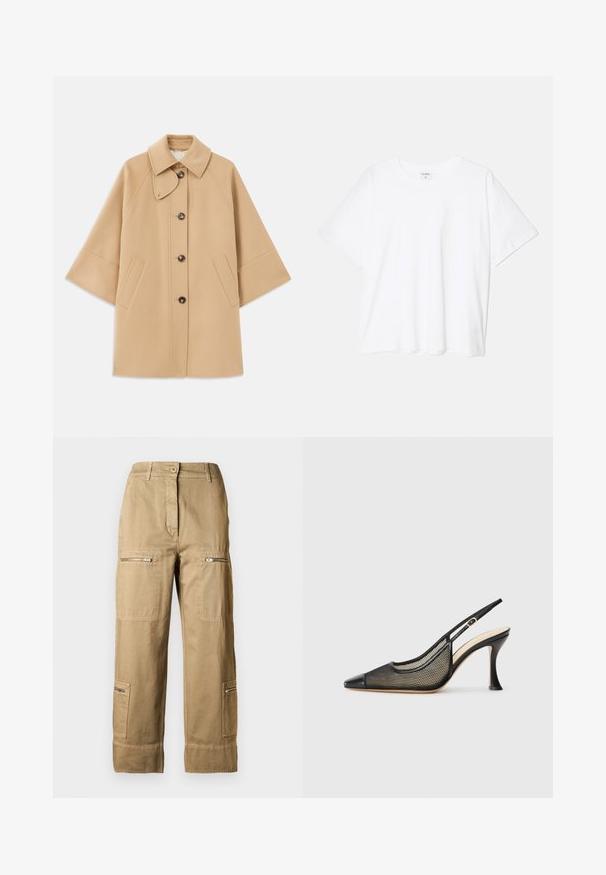Beige uldblandingsfrakke med klassisk krave, frontknaplukning og sidelommer; har raglanærmer og et rent, struktureret design.; Hvid bomulds-t-shirt med korte ærmer, rund halsudskæring, afslappet pasform og stitched søm. Mærket er synligt indeni halsen.; Cargoer lavet af bomuld i en lys khaki farve, med flere lommer, lynlåse og en afslappet pasform med manchetter.; Sort slingback højhælede sko med spids tå, mesh-detaljer og en glat læderhætte. Farverne inkluderer sort og beige accenter.