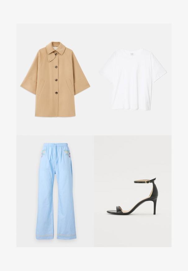 Beige gyapjú mix kabát klasszikus gallérral, elülső gombos záródással és oldalsó zsebekkel; raglán ujjaival és letisztult, strukturált dizájnjával rendelkezik.; Fehér pamut póló rövid ujjal, kerek nyakkivágással, laza fazonnal és varrott szegéllyel. Címke látható a belső nyakrészén.; Világoskék pamut nadrág elasztikus derékkal, virágmintás hímzéssel az elején és kontrasztos díszítéssel az alján.; Fekete bőr magassarkú szandál bokapánttal. Simább textúrájú, nyitott orrú és vékony sarkú. Arany színű csat részlet.