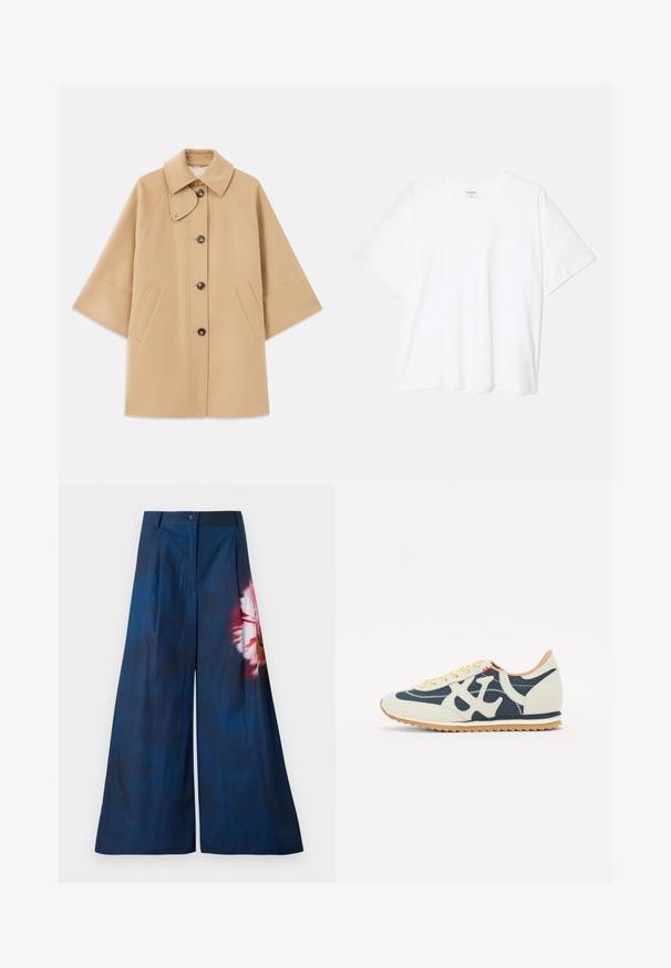 Beige wool blend coat with a classic collar, front button closure, and side pockets; features raglan sleeves and a clean, structured design.; White cotton t-shirt with short sleeves, round neckline, relaxed fit, and stitched hem. Label visible on the inside neck.; Wide-leg trousers in dark navy fabric, featuring a floral print in pink and yellow on one side, with a button closure at the waist.; Sneaker featuring a mix of cream, navy, and suede materials, lace-up design, diagonal stitching, and a rubber sole with traction.